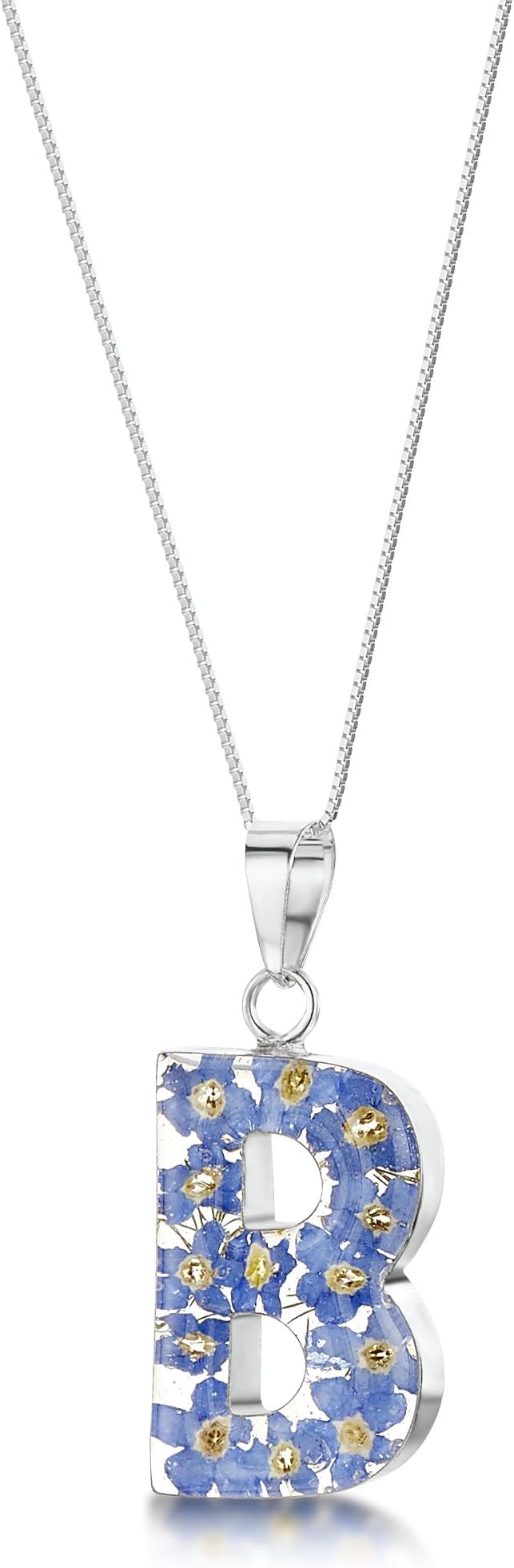 Sterling Silver necklace handmade with real flowers by Shrieking Violet - Forget me nots -Initial pendant 'Letter B' with Adjustable 18 inch silver chain - Includes stylish gift box