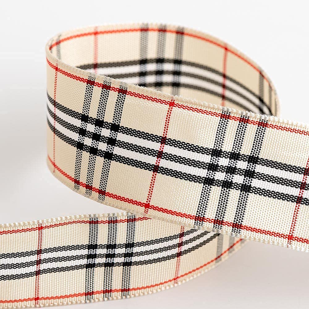 Italian Options Tartan Ribbon 25mm x 10M - Cream/Black/Red