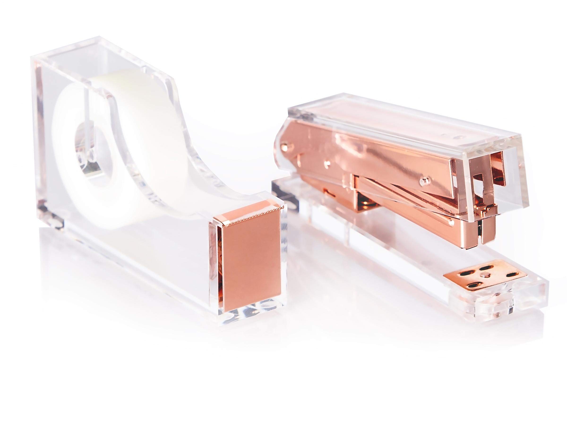 Staple & Stick Staple Stick Office Supplies Designer - Acrylic Lucite - Elegant Tape Dispenser Stapler Gift Set - Chic Office Stapler Tape Dispenser |Rose Gold|