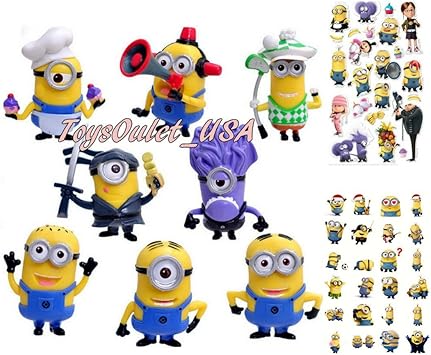 ToysOutletUSA Figuras de acción de Minions | Juego de 8 Piezas de Juguetes para decoración de Pasteles + Pegatinas de Minion: Amazon.es: Juguetes y juegos