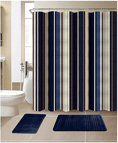 Amazon Com All American Collection 15 Piece Bathroom Set With 2 Memory Foam Bath Mats And Matching Shower Curtain Designer Patterns And Colors Stripe Navy Home Kitchen