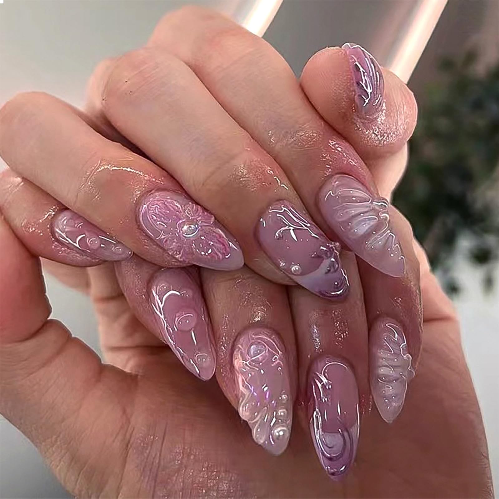 GlamRays 3D Press on Nails Hand Finished Fake Nails With Charms Flowers Pearl Pink French Acrylic Nails Almond Shaped Fake Nails Very Cute Nails Medium Size 24 Pieces