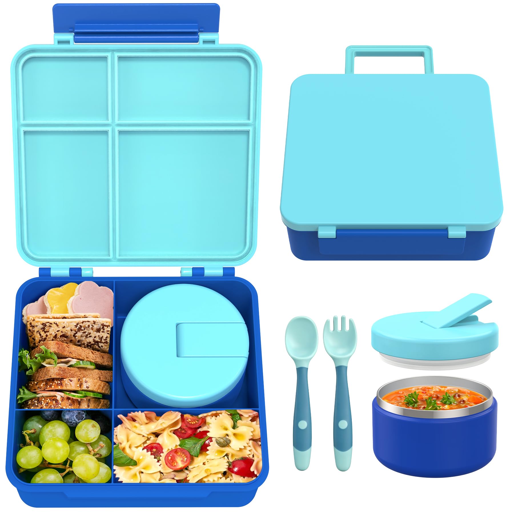 Photo 1 of Bento Lunch Box with 8oz Soup Thermo, Leak-Proof Lunch Containers with 4 Compartment, Thermo Hot Food Jar and Insulated Lunch Box for School Blue