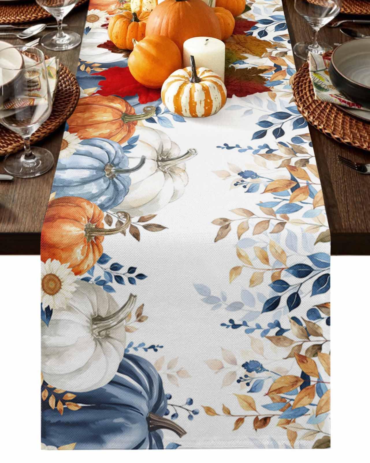 Photo 1 of **NEEDS TO BE CLEANED** Ldtrchee Navy Blue Pumpkins Fall Table Runner - Cotton Linen 60 Inches Long, Orange White Thanksgiving Tablerunner Dress Scarves, Eucalyptus Autumn Table Runner for Dining/Coffee/Holiday, Blue Pumpkin