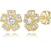 Yezhenhan Gold Studs Earrings for Women 14k Gold Earrings for Women Flower Stud Earring for Womens Stud with Cubic Zirconia Casual Vibe and Edgy Feel CZ Studs Earring for Womens 10mm