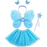 Lainlight 4 Pcs Butterfly Fairy Costume for Girls Kids Princess Cosplay Costume Set with Wings, Tutu Skirt, Wand for Girls 3-8 Years Blue