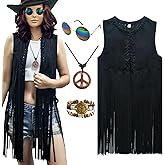 ATAMET 60s 70s Outfits for Women Hippie Costume Fringe Vest Faux Suede Tassel Vest Bohemia Headband Hippie Party Costume