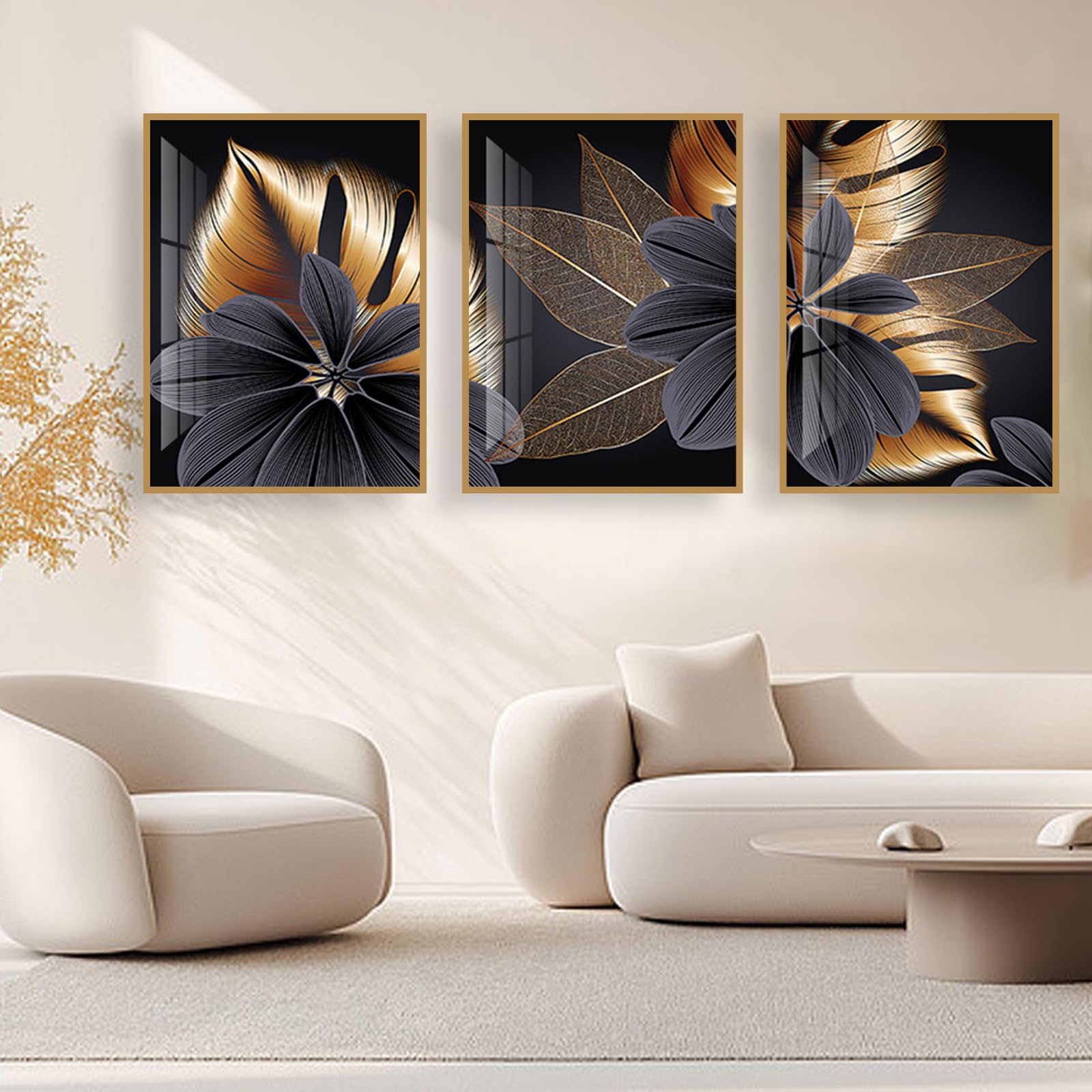 UGZDEA Abstract Canvas Poster, Modern Black Gold Plant Leaves Art Poster Nordic Living Room Bedroom Decoration Picture without Frame (3x60x90cm,A)