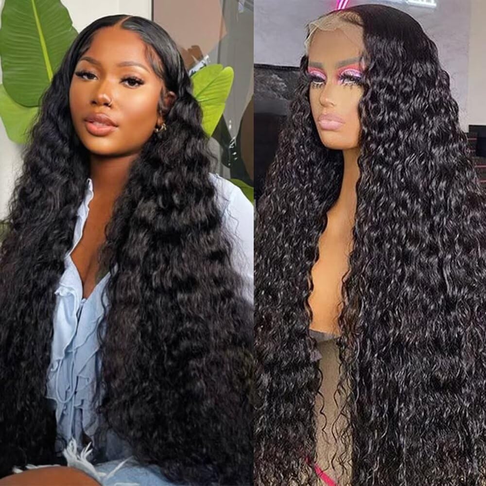 Lemoda 13x6 Water Wave Lace Front Wigs Human Hair 180% Density 22Inch Deep Wave Transparent Lace Frontal Curly Wigs Wet and Wavy Virgin Hair Natural Black