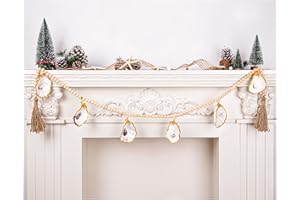 QEQEKAKA Oyster Shells Wood Bead Garland - Coastal Christmas Decorations 2M/78in with 7PCS Handmade Crafts Oyster Shells Ornaments, for Coastal Beachy Christmas Decor, Home Interior Decor