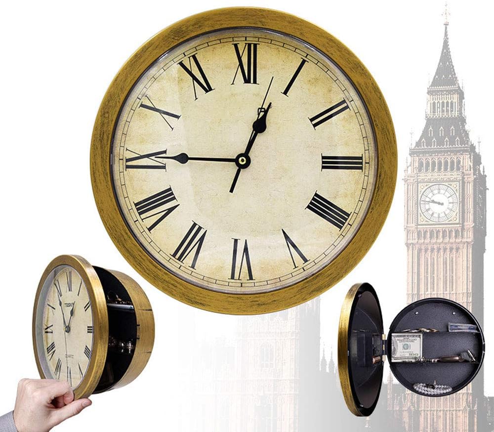 WALL CLOCK Hidden Security Secret Safe Money Box Collection Jewelry Valuables Cash Storage, Gold