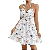 Floerns Women's Floral Halter Cami Dress Ruffle Hem Backless Flared Short Dresses