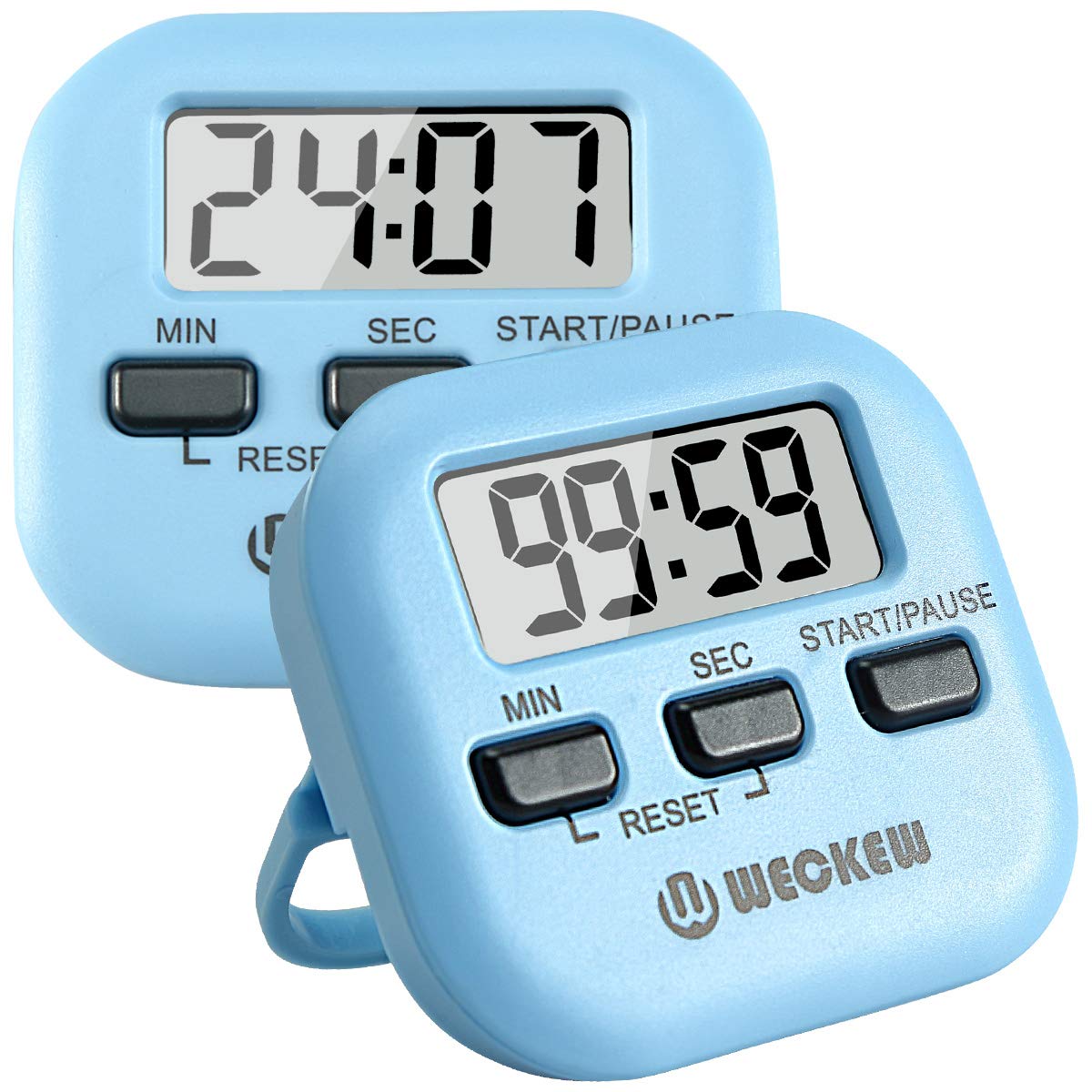 Kitchen Timer, WECKEW 2 Pack Digital Kitchen Timer Magnetic Countdown Stopwatch Timer with Loud Alarm, Big Digit, Back Stand, Hanging Hole for Cooking, Shower, Bathroom, Kids, Teacher(Blue)