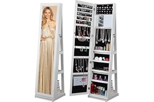 BOSTANA Jewelry Armoire 65" H, Full Length Mirror with Storage 360° Swivel, Lockable Standing Jewelry Cabinet Organizer with Storage Shelves Interior Mirror, Gift Idea, White