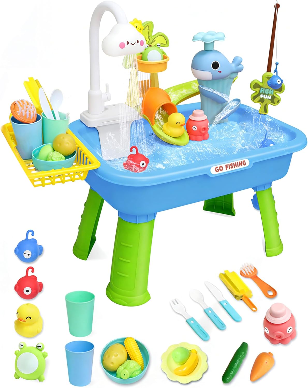 4-in-1 Electric Water Table for Toddlers 3-5, Kids Play Sink with Running Water & Cloud Faucet, Toddler Outdoor Water Table with Fishing Game & Accessories, Sensory Birthday Gift for Boys Girls ﻿