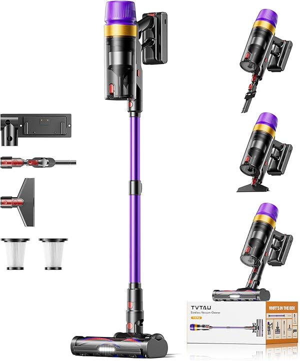 TVTAU Akku Staubsauger Kabellos für Tierhaare, 1,8L mit Display, 55000Pa/620W/75Min Akkusauger, Selbststehender Stielstaubsauger mit Anti-Tangle-Bürste & Wandladestation, für Teppiche/Hartböden/Auto