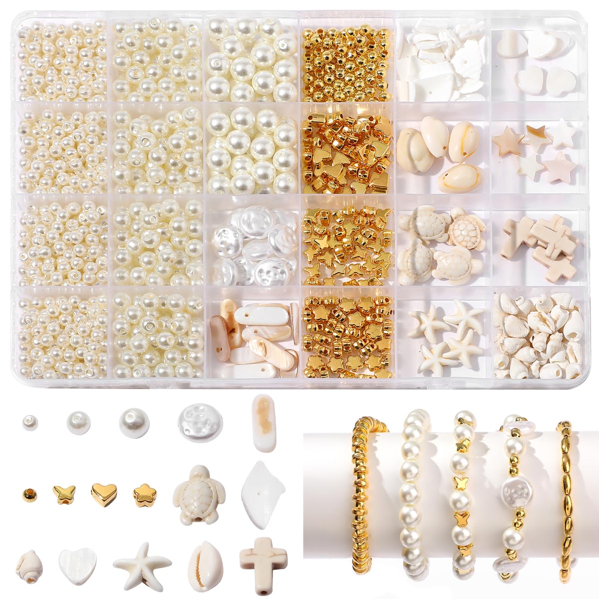View 1 of 1000Pcs Pearl Beads for Bracelets Making -4mm 6mm White Pearl Beads with Gold Spacer Bead & Shell Jewelry for Bracelet Necklace DIY Craft Making Kit, Beach Theme Friendship Jewelry Making Kit
