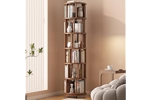 KASLANDI Solid Wood Rotating Bookshelf with Brake Wheels, 360° Display 6 Tier Floor Stackable Spinning Bookshelf Tower for Kids & Adults, Revolving Bookcase for Small Space, Corner (Walnut)