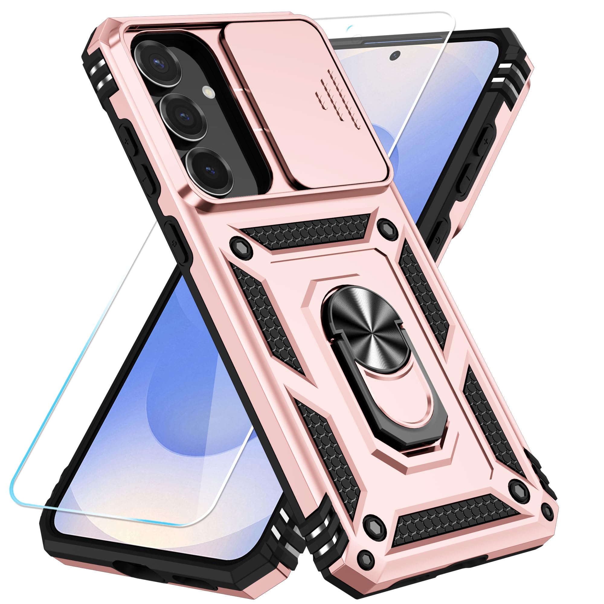 SunStory Compatible with Samsung Galaxy S25 FE 5G Case with HD Screen Protector & Slide Camera Cover & Rotated Ring Kickstand, [Military-Grade] Phone Case for Galaxy S25 FE (Rose Gold)