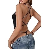Vrtige Women's Backless V Neck Sleeveless Spaghetti Strap Sexy Slim Fit Bodysuit Top
