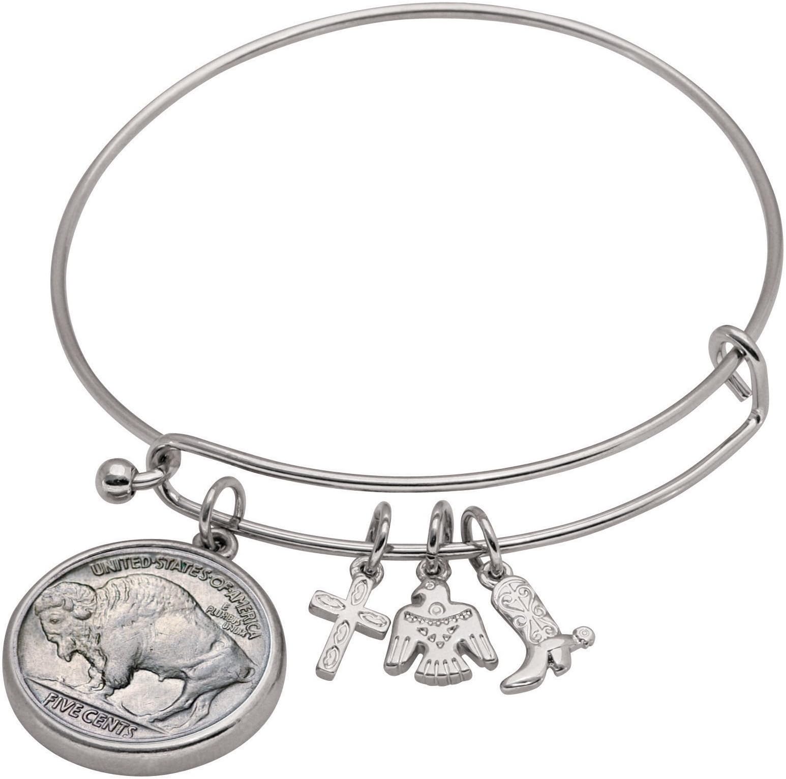 Western Charm Silver Tone Dateless Buffalo Nickel Reverse Coin Bangle Bracelet