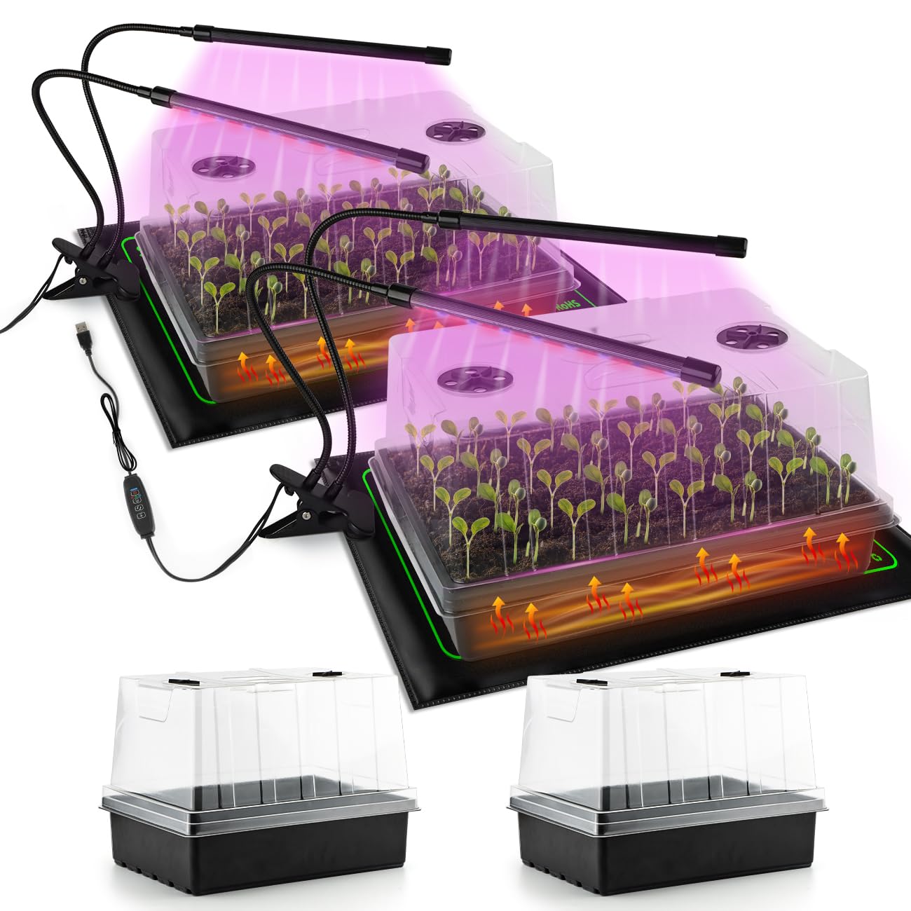 Photo 1 of 4-Pack Seed Starter Kit with Adjustable Grow Lights & 2 Heat Mats – 5'' Humidity Domes for Indoor Plants, Vegetables, Seedlings, Full Spectrum 20W, 4000K LED Light and Germination Tray with Vents