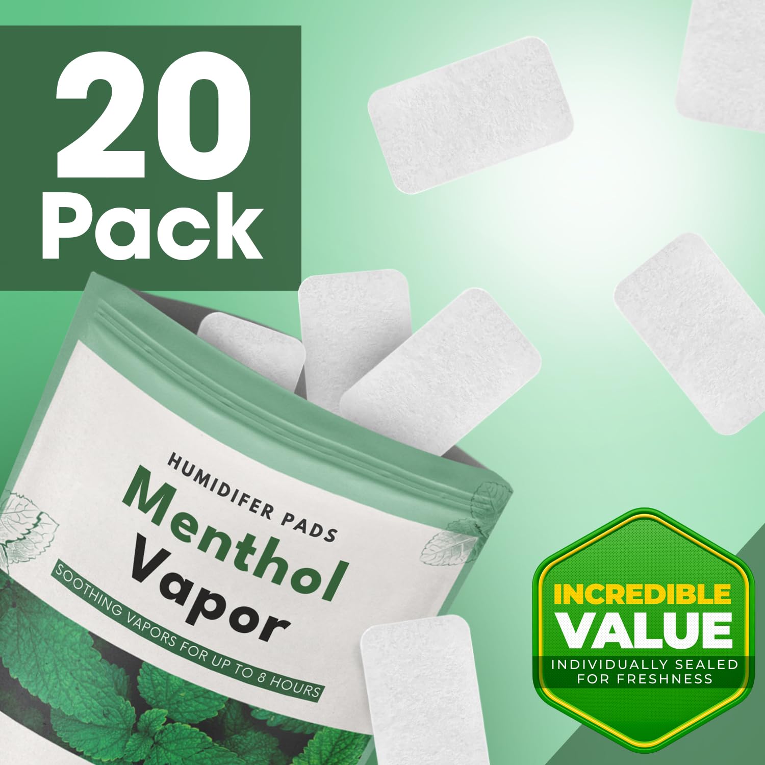 20 Pack Menthol Eucalyptus Humidifier Pads - Soothing Vapor Pad Refills for Congestion Relief on all Vks, Crane, More - Vapopads Replacement, Natural Waterless Vaporizers Pads, Cold/Flu Symptom Relief