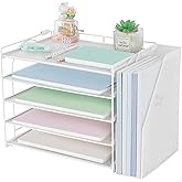 AUPSEN White Desk Organizers and Accessories, 5-Tier Letter Tray Paper Organizer with Adjustable File Holder, Desktop Office Desk Accessories for Office Supplies