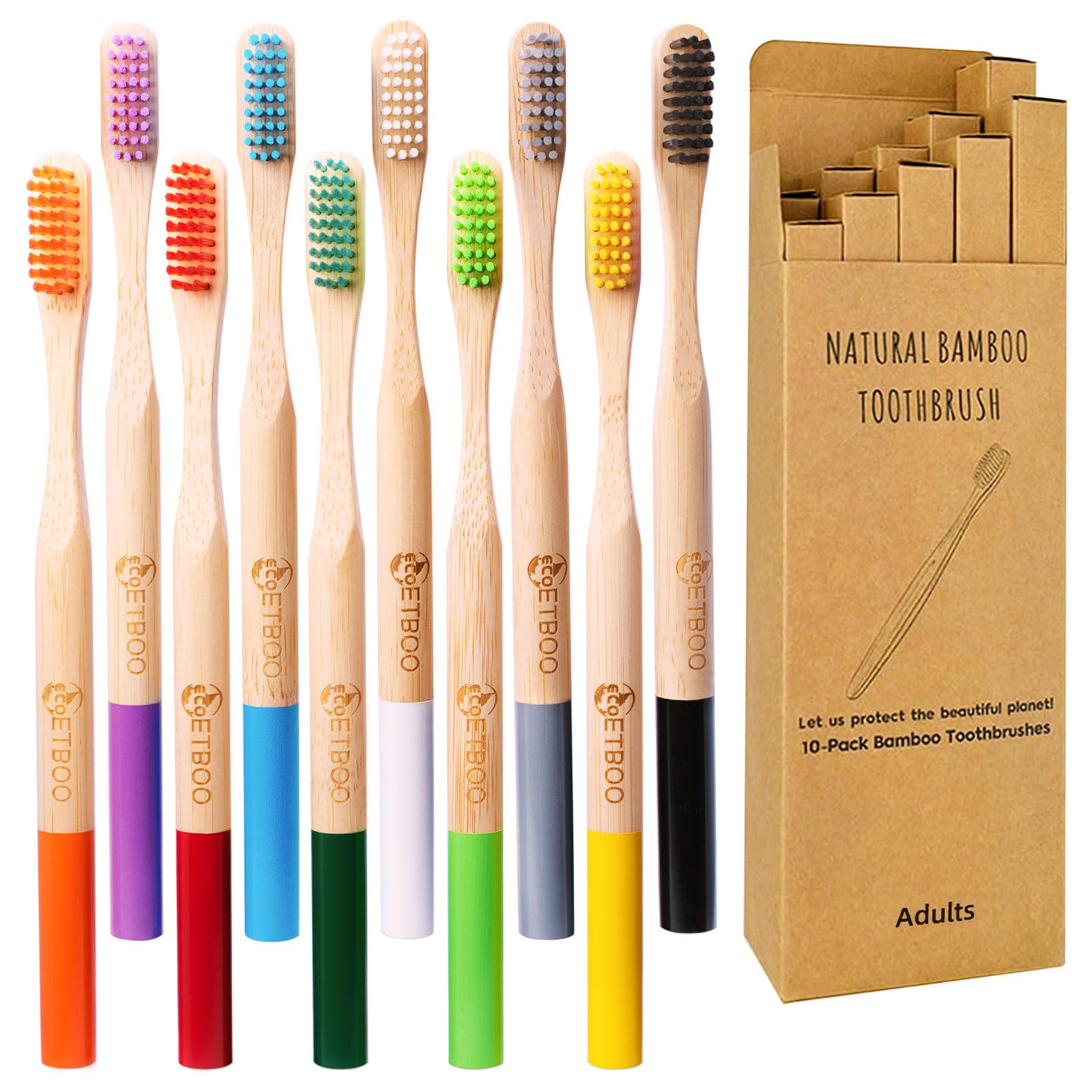 Bamboo Toothbrushes Medium Bristles for Adults 10 Pack, Wooden Toothbrush Family Set Natural Organic Tooth Brush (Multi-Color 10p)