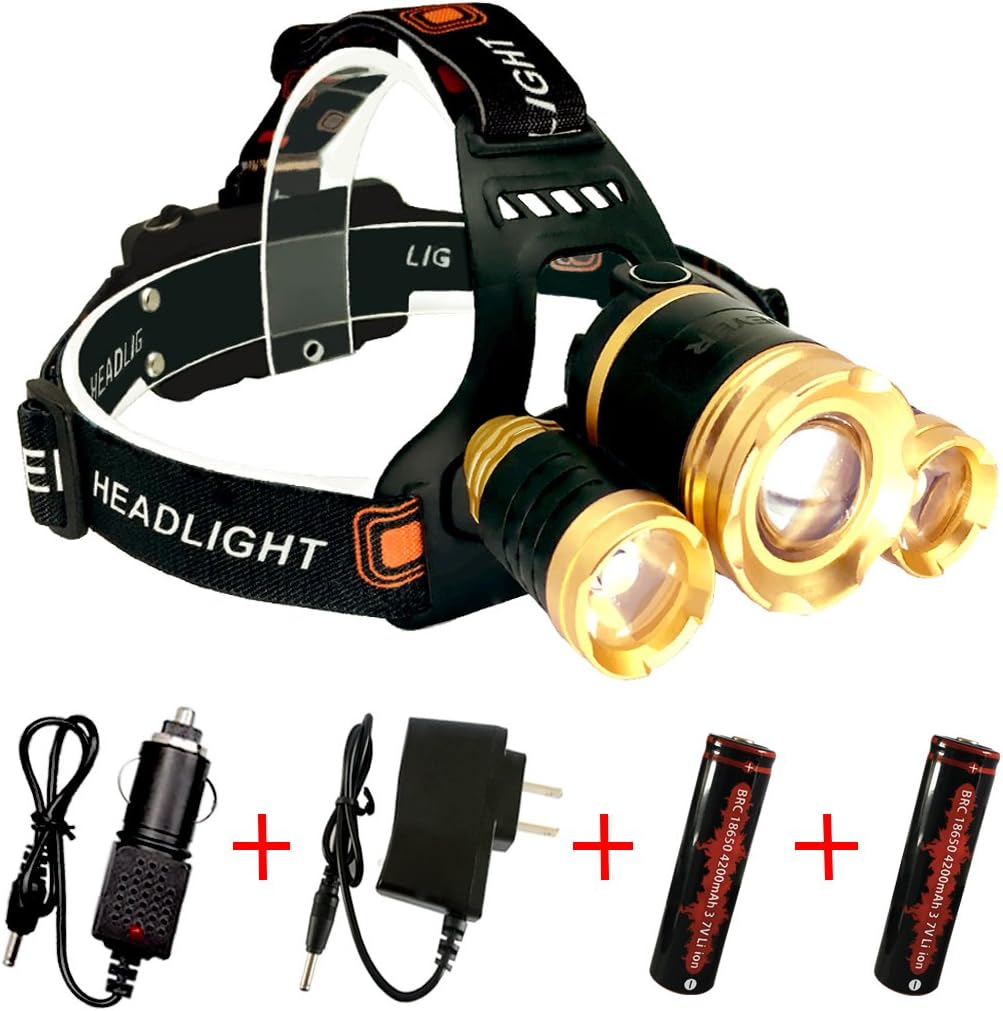 DEYER Super Bright 5500 Lumens LED Headlamp, 3 Lights for 4 Modes Zoomable Focus Adjustable Headlight with Rechargeable Battery, Wall Charger and Car Charger