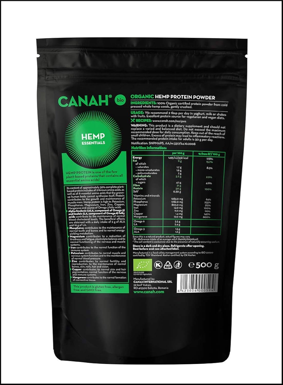 Canah® Organic Hemp Protein Powder 500 g Vegan, High in Protein, Fibre, Omega 3 & Omega 6, Amino Acids, Vitamins and Minerals - Image 4