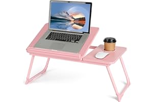 Cinica Laptop Desk Tray Bed Table, Adjustable Foldable Desk Notebook Stand Reading Holder with Cup Holder, Portable Table for Picnicing and Eating/Writing/Working on Bed/Couch/Sofa (Pink)