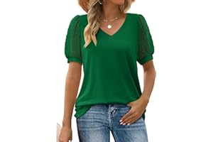 Aokosor Womens Summer Tops V Neck T Shirts Swiss Dot Puff Sleeve Tops Loose Casual Tshirts