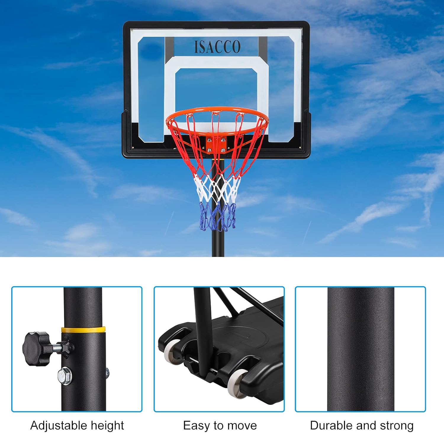 Basketball Hoop, Isacco Portable Basketball Hoop & Goal Basketball System Basketball Equipment, Adjustable Basketball Backboard Rim : Sports & Outdoors