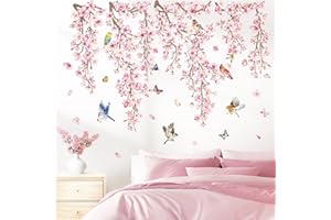 wondever Flower Vine Cherry Blossom Wall Decals Pink Hanging Floral Tree Branch Birds Peel and Stick Wall Art Stickers Decor 