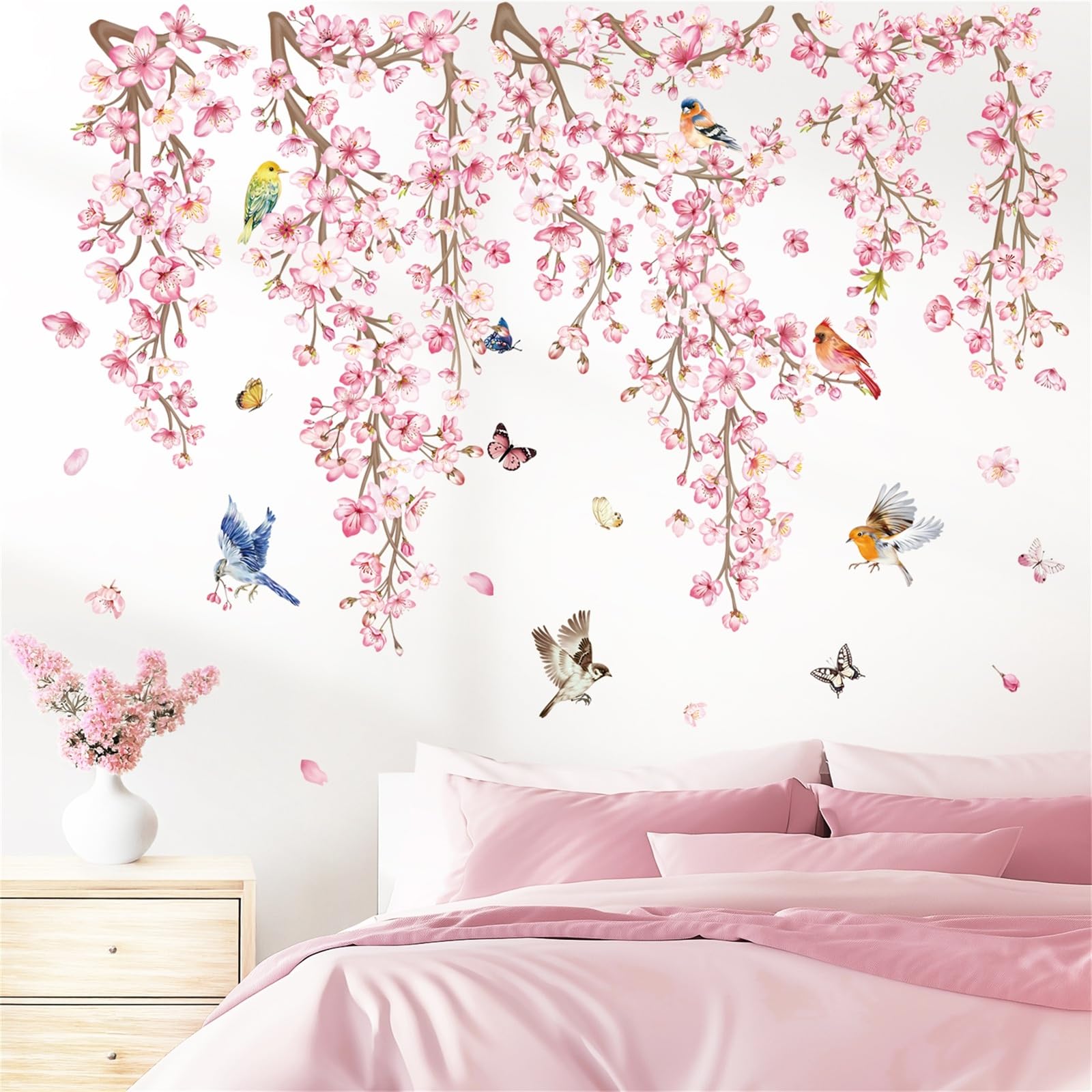 wondever Cherry Blossom Flower Vine Wall Stickers Pink Hanging Floral Tree Branch Birds Peel and Stick Wall Art Decals for Bedroom Living Room Sofa