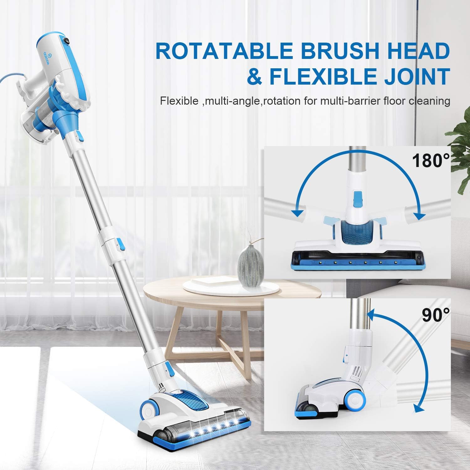 MOOSOO Vacuum Cleaner, 4 in 1 Stick Vacuum 17000pa Powerful Suction, with LED Electric Brush 1.2L Large-Capacity Dust Cup for Hardwood Floor Vacuum with 2Pcs HEPA D601, Blue -