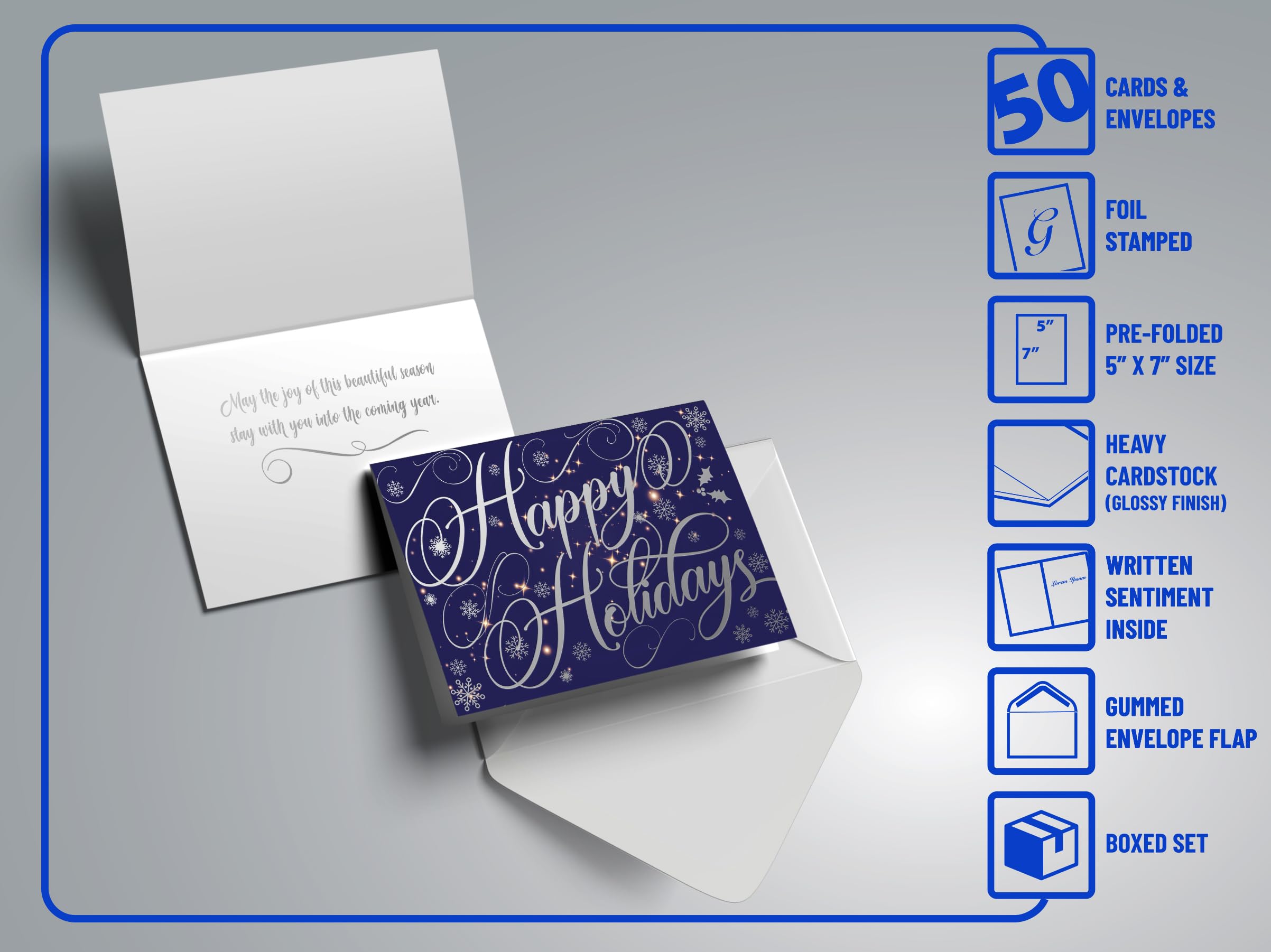 Better Office Products 50 Pack Happy Holidays Cards with Silver Foil Accents, 5