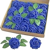 homEdge Artificial Rose, 25pcs Foam Artificial Flowers with Stem for Home Decorations, Wedding Bouquets, Party, Certerpieces, Anniversaries-Royal Blue