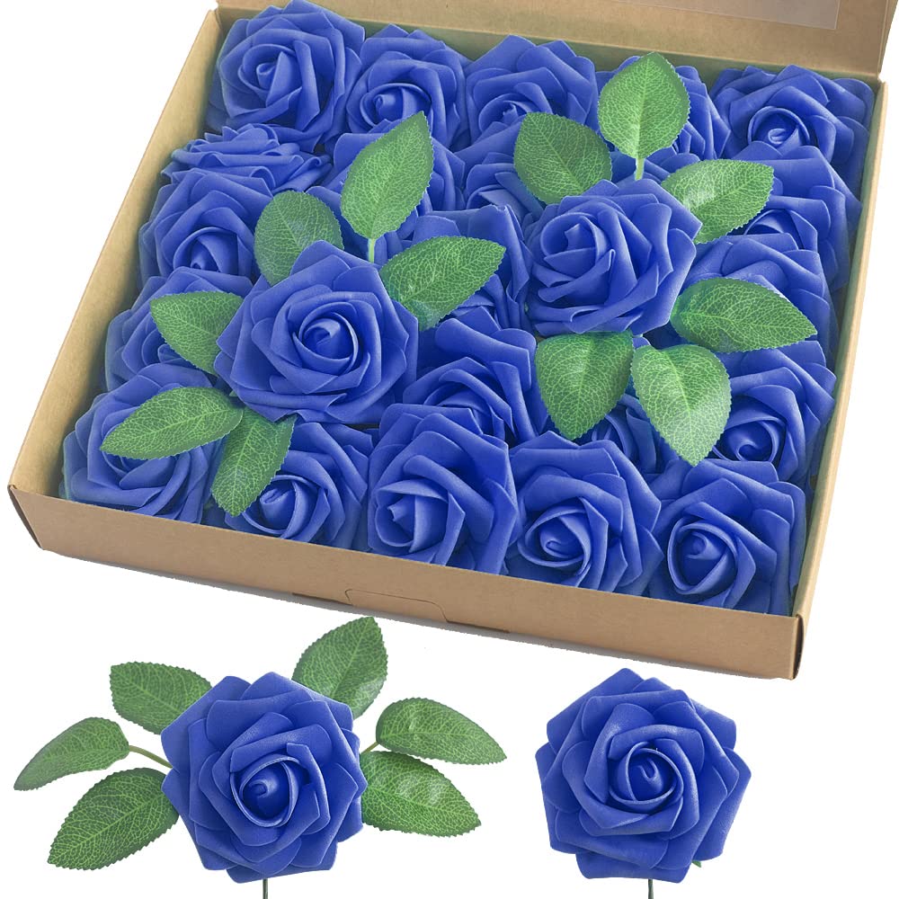 homEdge Artificial Rose, 25pcs Foam Artificial Flowers with Stem for Home Decorations, Wedding Bouquets, Party, Certerpieces, Anniversaries-Royal Blue