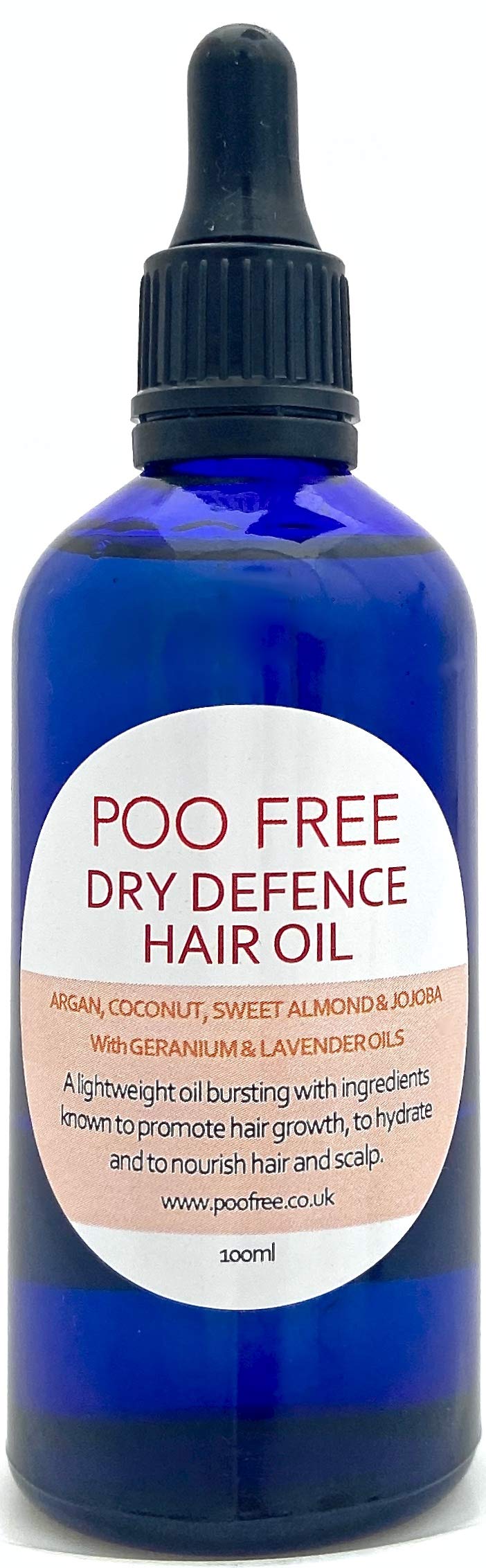 POO FREE - Dry Defence Hair Oil - 100% Natural - Argan, Jojoba, Almond, Geranium, Lavender - Hydrate, Protect, Revive Dry Hair and Scalp - Promotes Hair Growth - 100ml