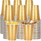 100PCS Gold Plastic Cups, 12oz Disposable Party Cups Bulk, BPA Free Beer Cocktail Drinking Cup, Beverage Holiday Cups for Soda Juice Cold Drinks for Wedding Valentine's Day Birthday Baby Shower Picnic