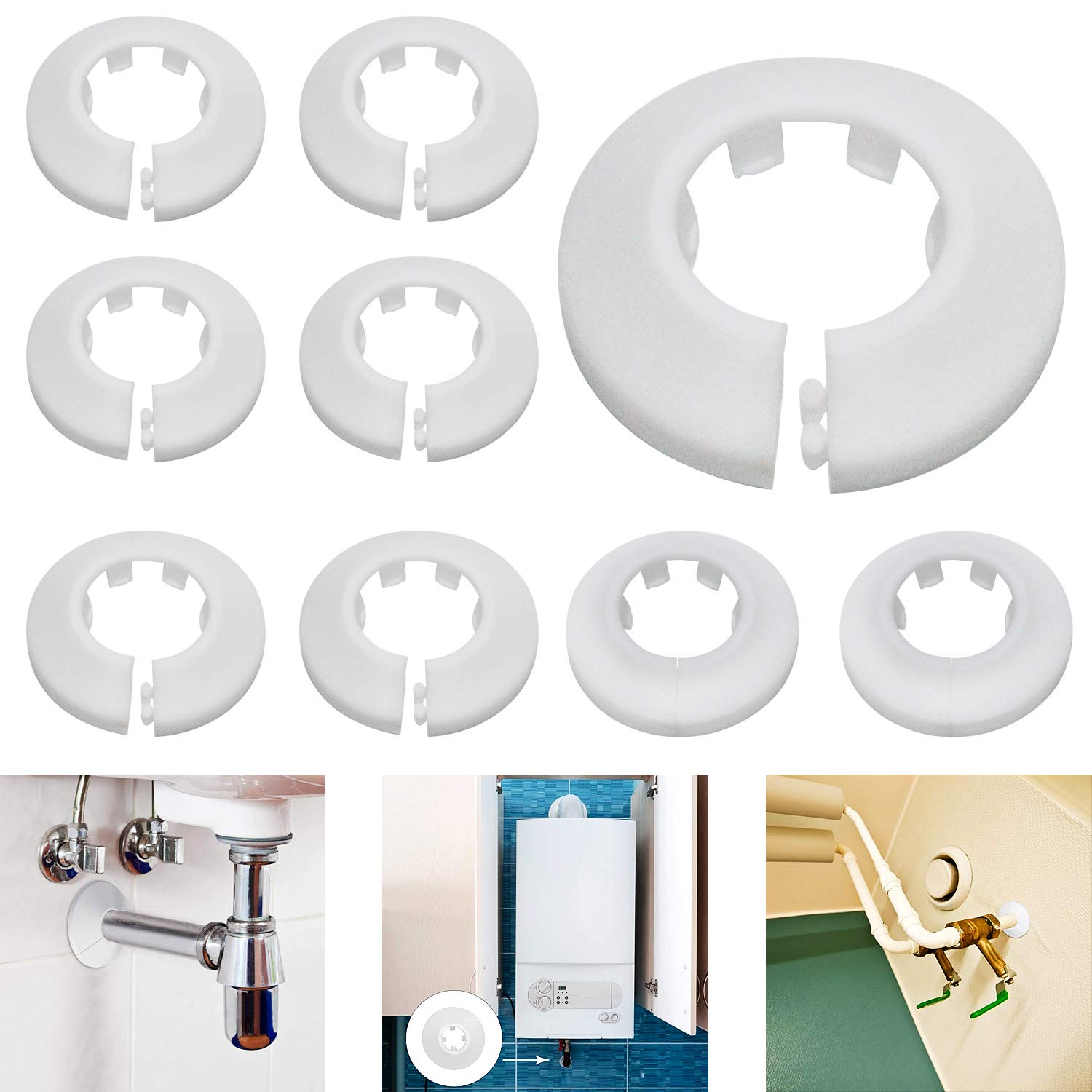 Radiator Pipe Collars Pipe Covers Plastic White Radiator 16mm/20mm/25mm Water Pipe Cover Decoration Drain Line Cover Collars for Heating Pipe 24PCS