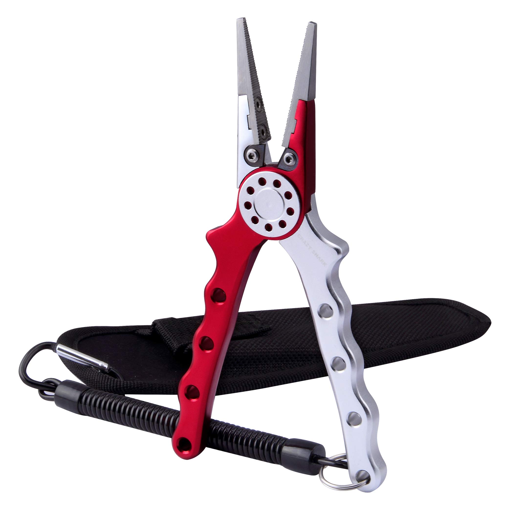 CRAZY SHARK Professional Saltwater/Fresh Water Aluminum Fishing Pliers Tungsten Carbide Cutters Hook Remover with Sheath and Lanyard (Red)