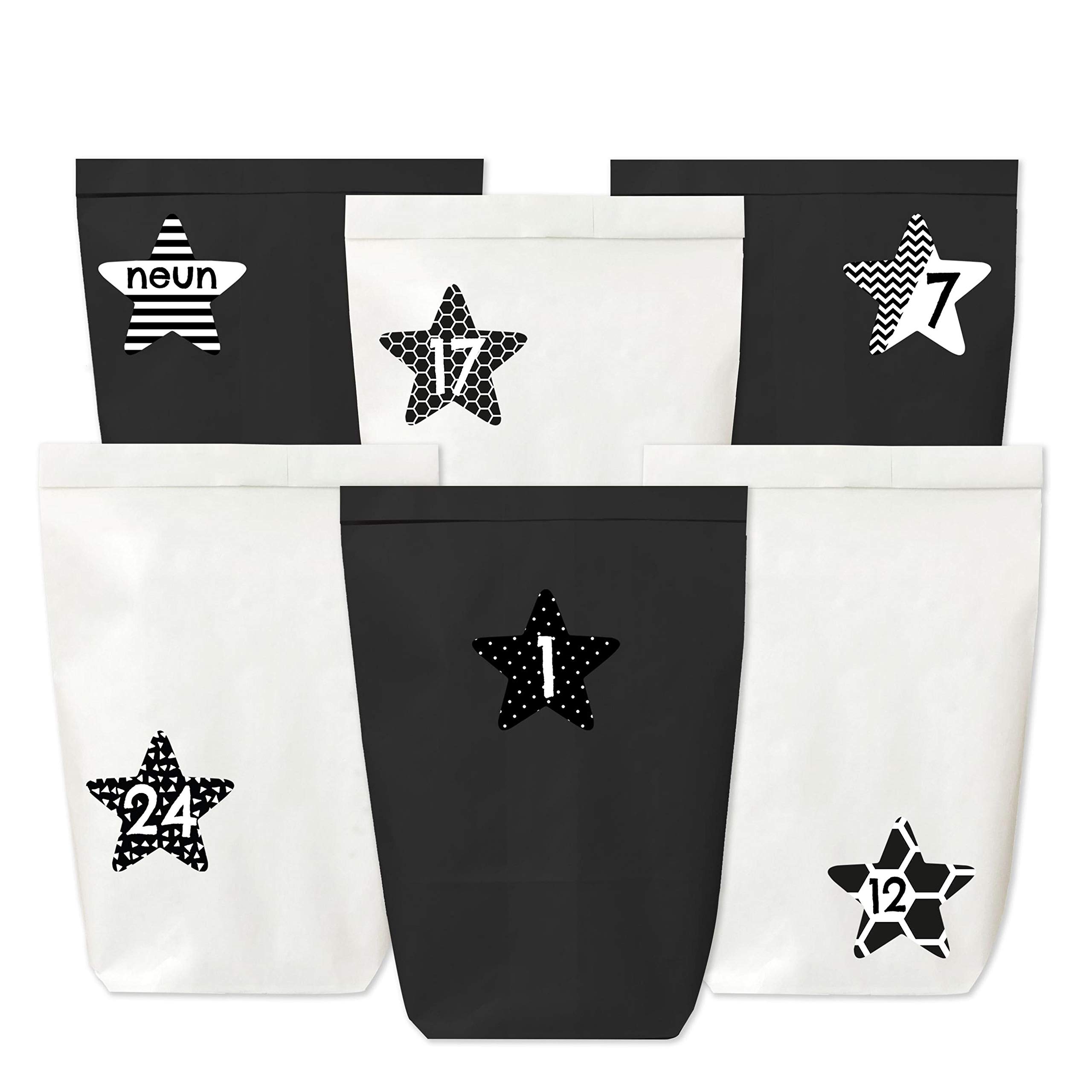 Papierdrachen Advent Calendar for filling - 24 paper bags with stickers - motif black and white star - 40