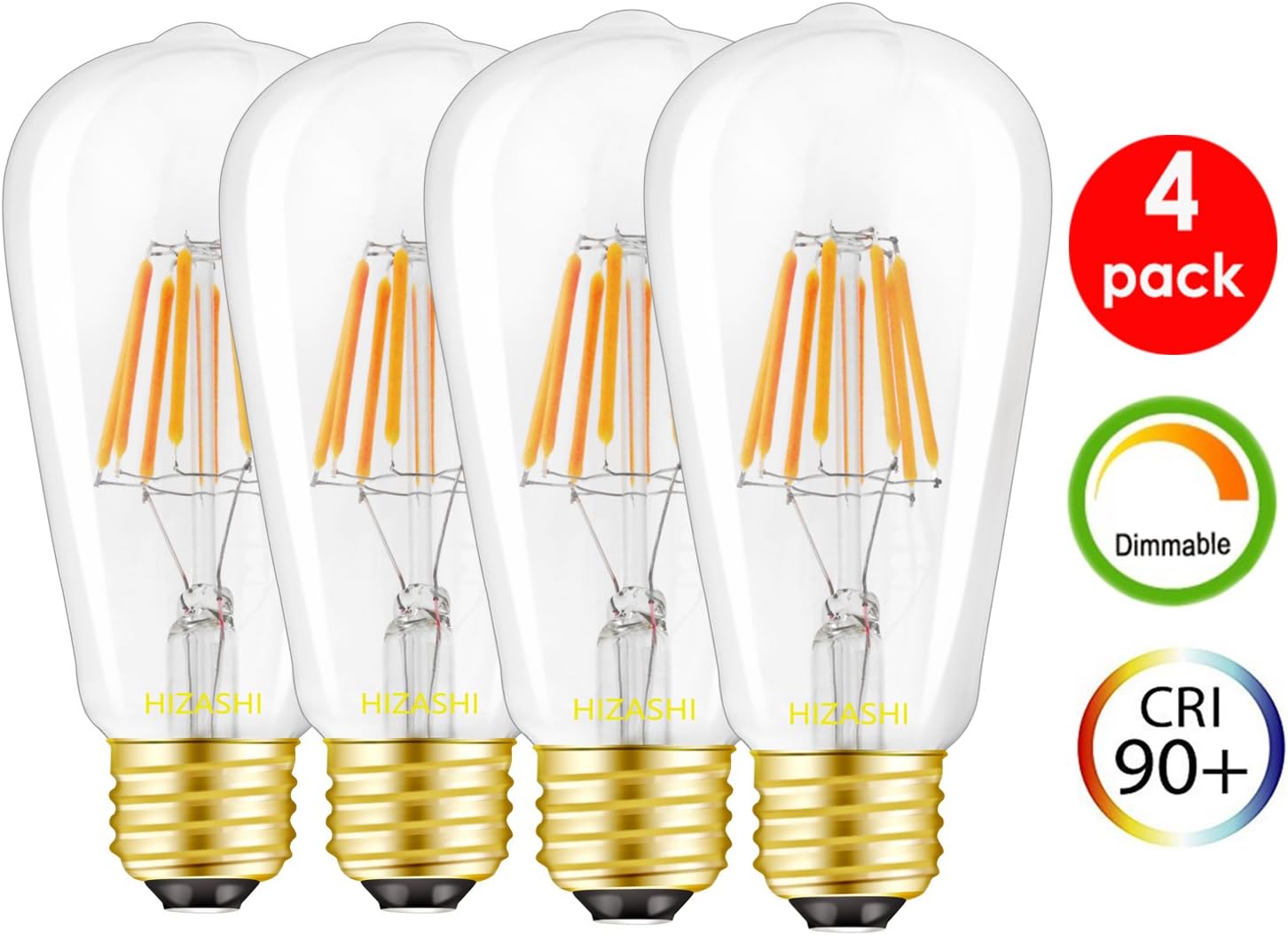Hizashi Deep Dimming CRI 90+ Dimmable 4 Pack 80 Watt Vintage LED Squrriel Cage ST58(ST64) Edison Bulb 2700K E26 Medium Base Warm White