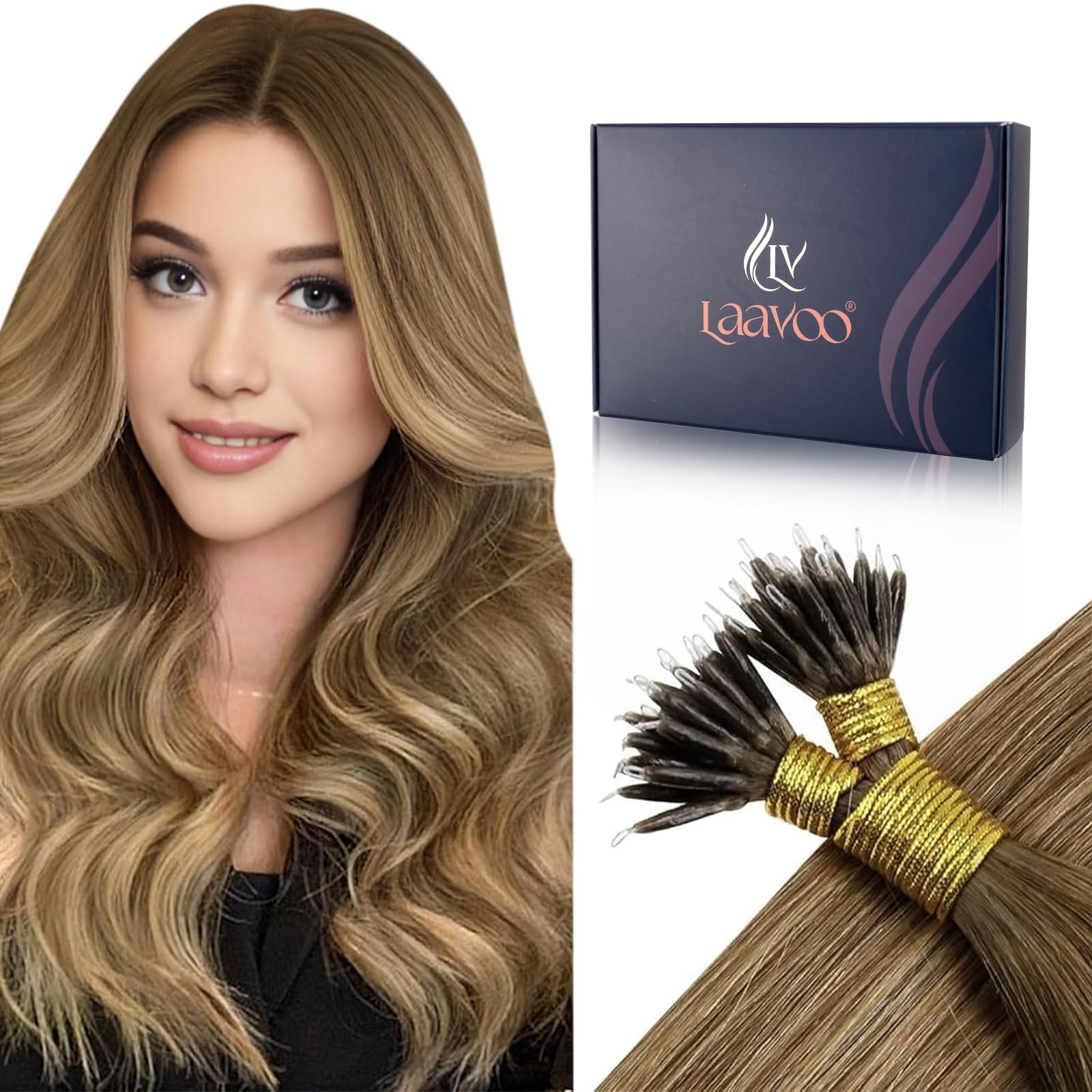 LaaVoo Nano Hair Extensions Real Human Hair Brown Nano Beads Hair Extensions 22 Inch Balayage Light Brown to Dark Blonde Invisible Nano Ring Straight Remy Hair 50g 50s #8/16/8 — image 1