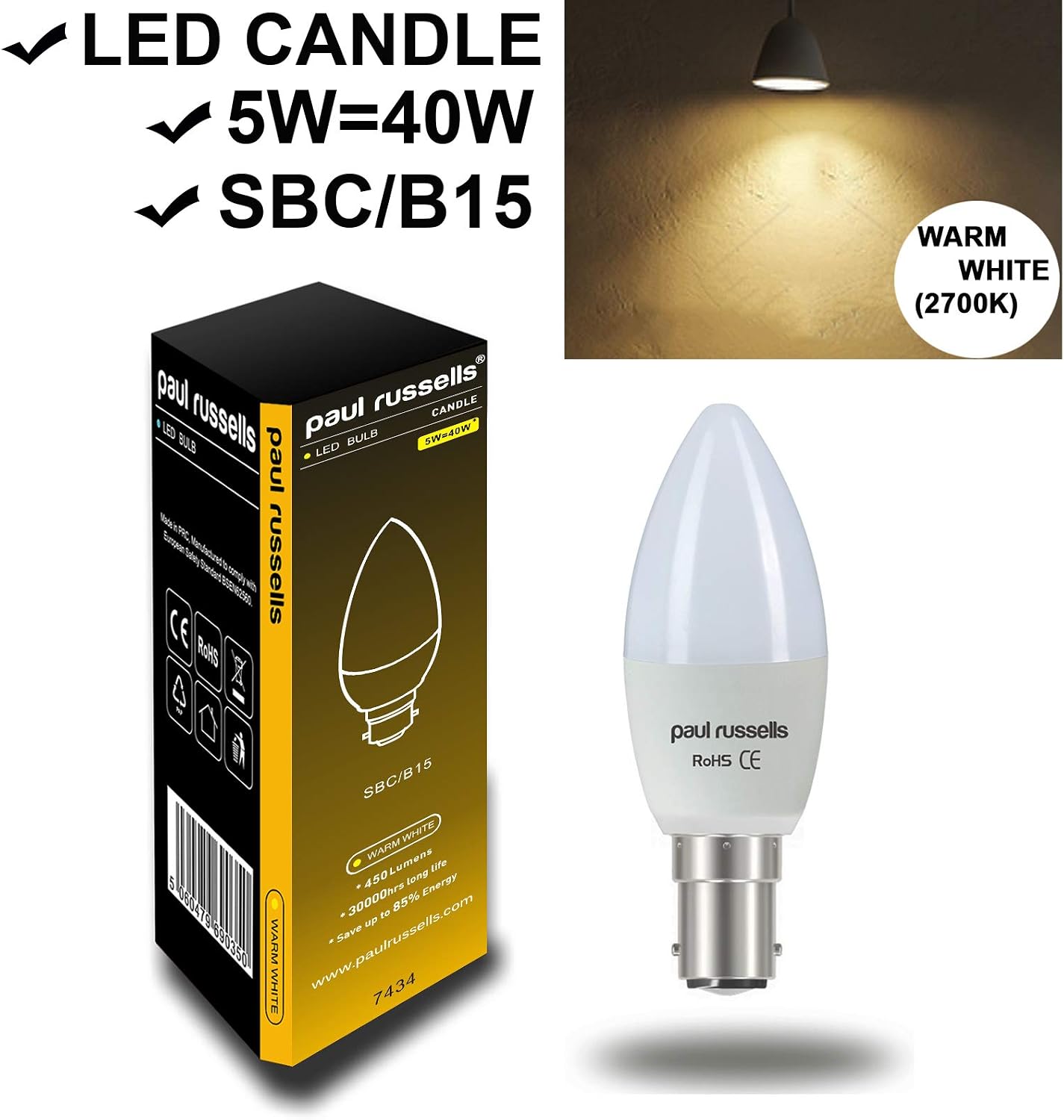 paul russells LED Light Small Bayonet Cap B15, 40watt Equivalent, 4.9W 470LM LED Bulbs, 2700K Bright Warm White - Image 3