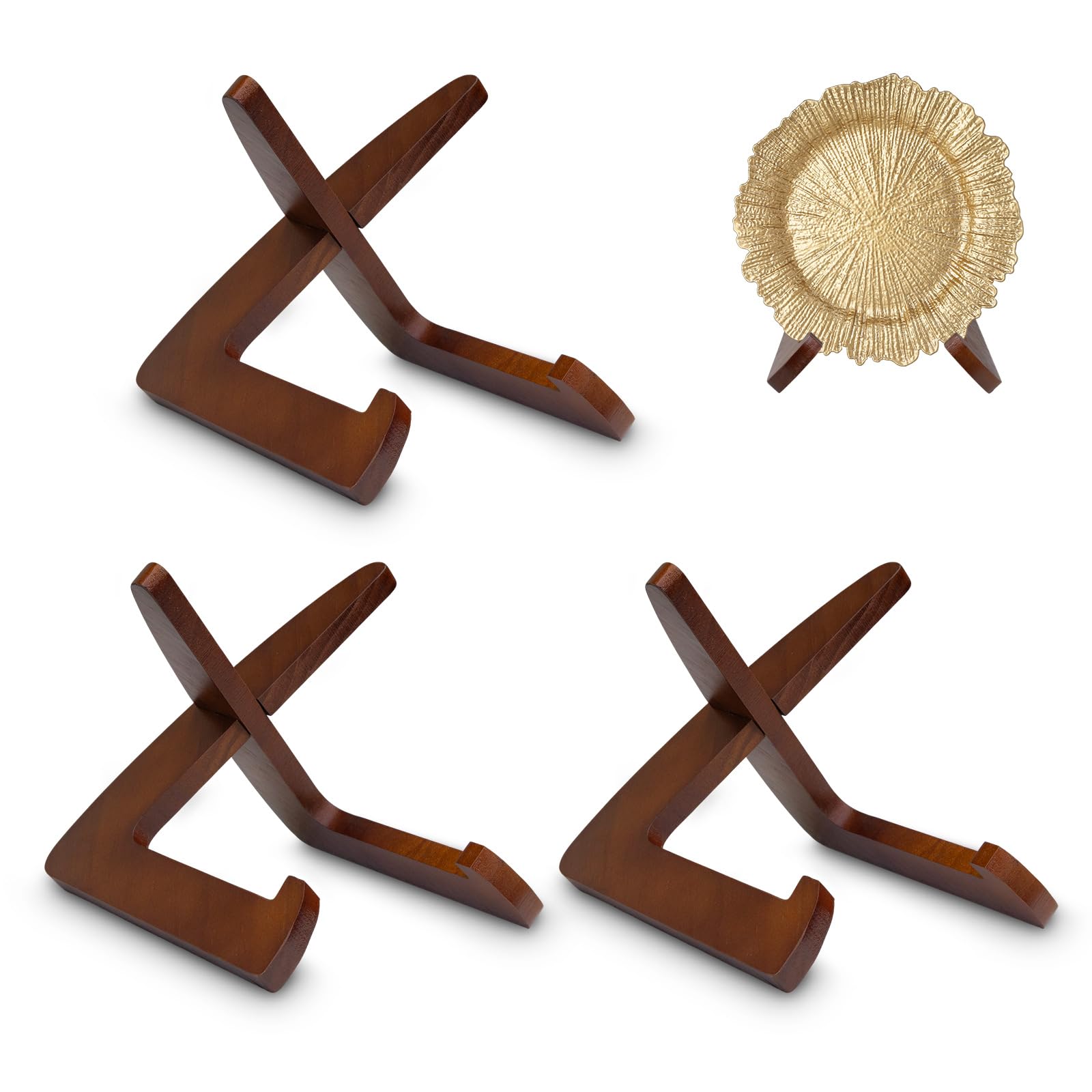 Photo 1 of MAONAME 3 Pack Plate Stand for Display, 6.5 Inch Plate Holder, Wooden Plate Display Stand, Wooden Easel Frame Holder for Large Deep Platters and Dishes