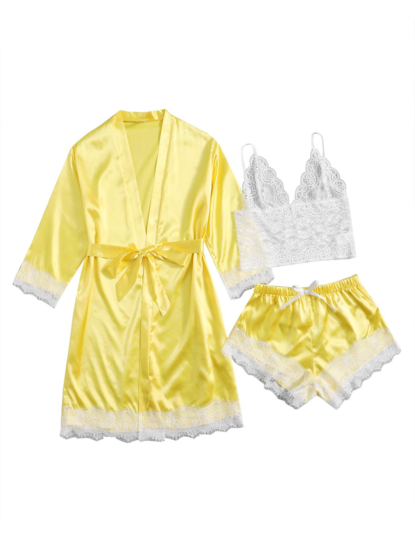 DIDK Women's Lace 3 Piece Satin Robe and Pajama Set with Robe Camisole Sleep Shorts